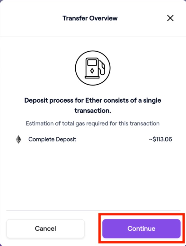 Bước 7: Kiểm tra phí gas và chọn Continue nếu đồng ý