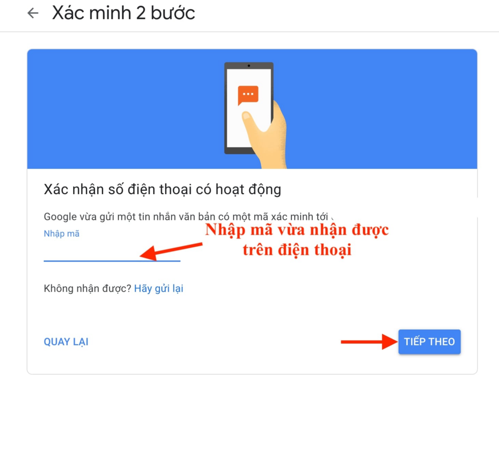 Nhập mã code để xác minh