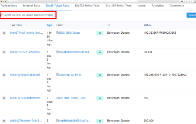 Danh sách Token Transfer Events hiện ra