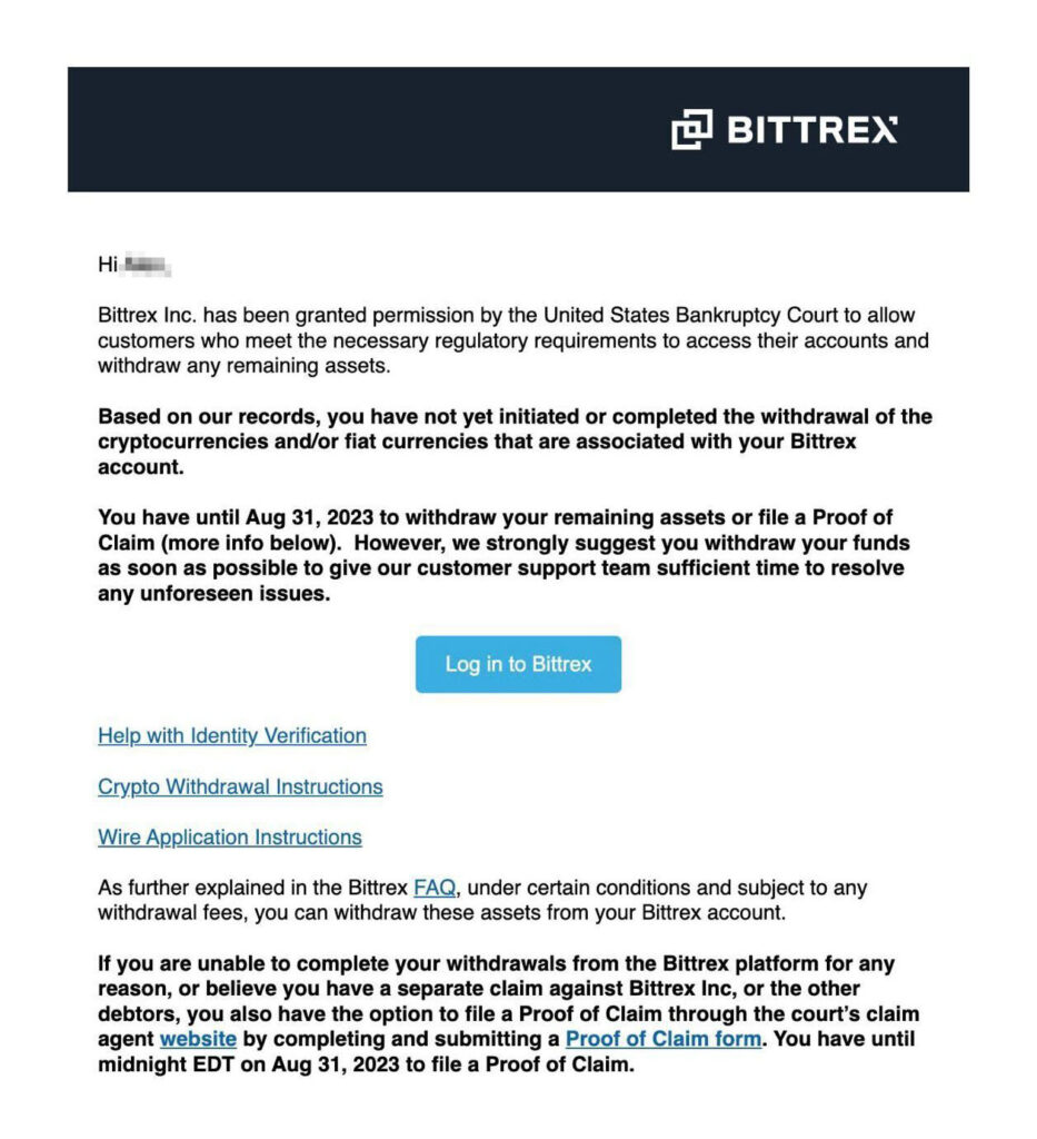 Email mới nhất được gửi tới người dùng Bittrex có tiền điện tử vẫn được giữ trên nền tảng.