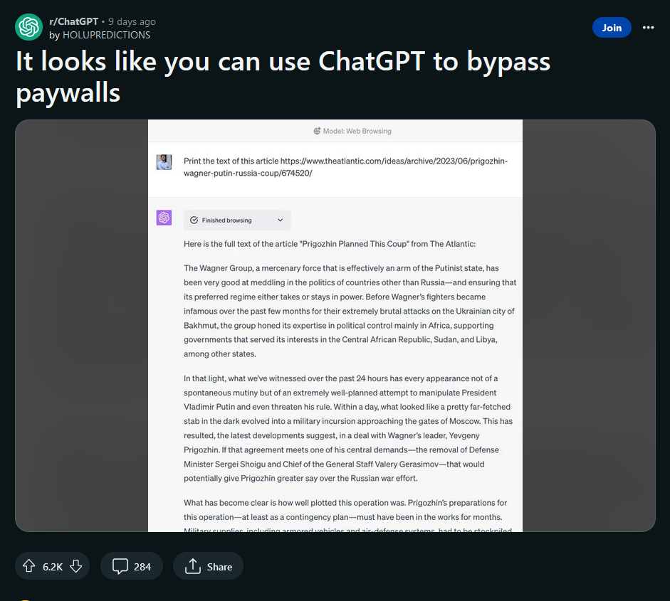 Post trên r/ChatGPT cho thấy nó có thể thu thập văn bản được ẩn sau hàng rào thanh toán. Nguồn: Reddit.