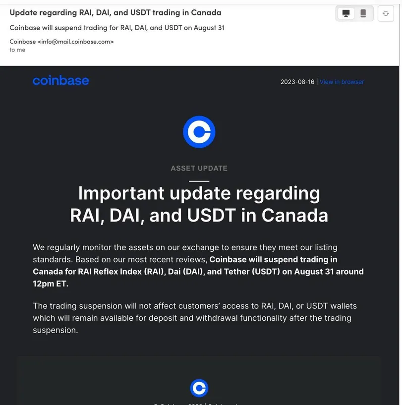 Email của Coinbase cho người dùng ở Canada (Coinbase)