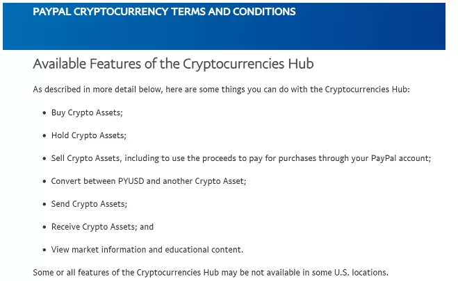 Các điều khoản và điều mục về tiền điện tử PayPal. Nguồn: Cointurk