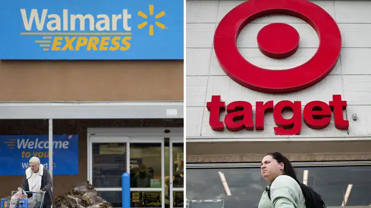 Một khách hàng đẩy một xe hàng đầy ắp hàng tạp hóa bên ngoài Wal-Mart ở Rogers, Arkansas, bên trái, và một người đi bộ đi ngang qua một cửa hàng Target ở khu phố Tenleytown của Washington, DC. Nguồn: CNBC