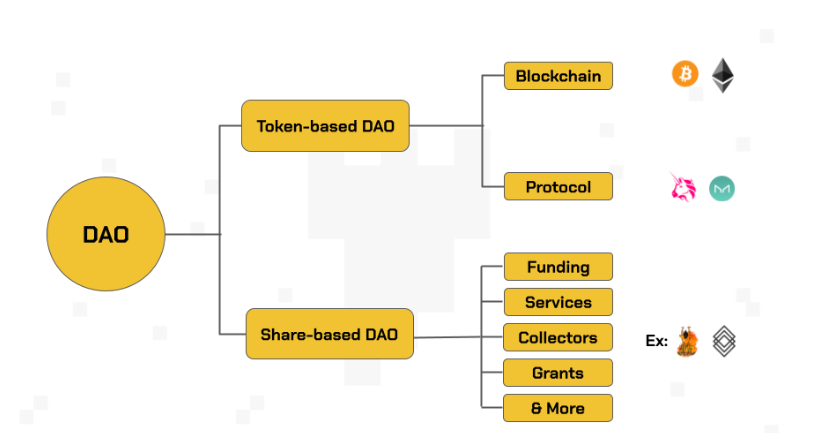 DAO hoạt động theo 2 loại là Token-based DAO và Share-based DAO.