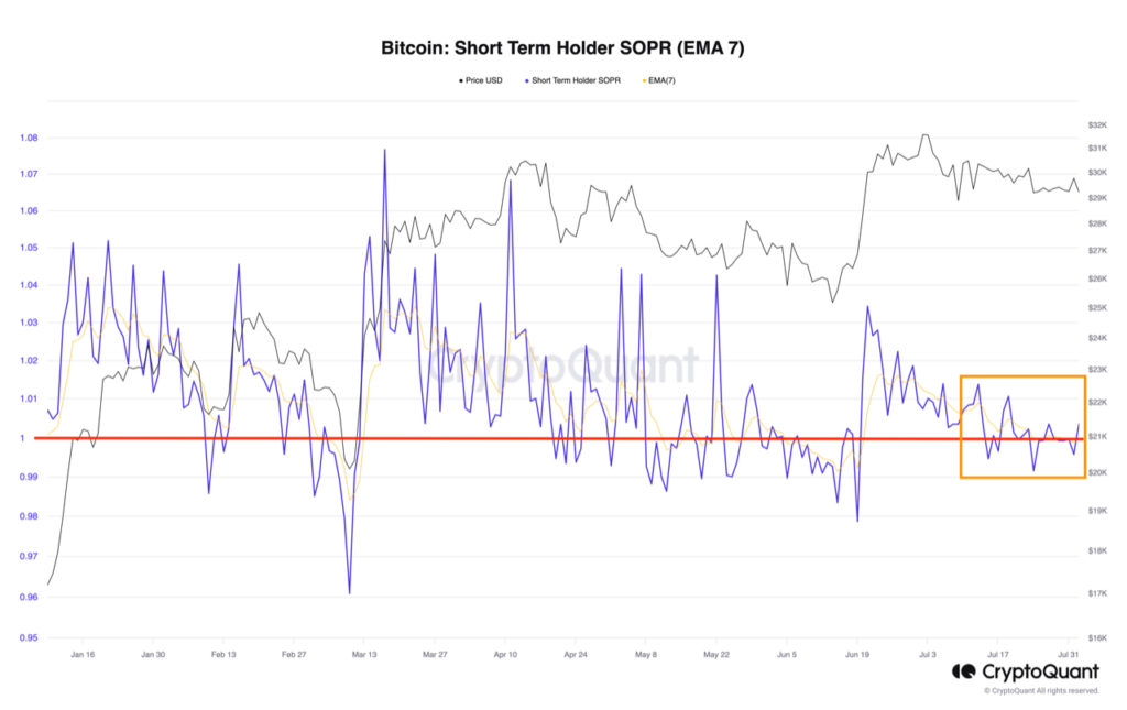 Chỉ báo SORP của những người nắm giữ BTC ngắn hạn. Nguồn: CryptoQuant