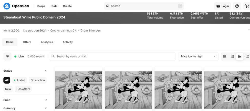 Steamboat Willie Public Domain 2024 được bán trên Opensea