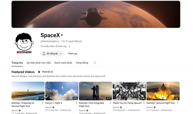 Kênh YouTube MixiGaming của Độ Mixi bị đổi tên thành "SpaceX"